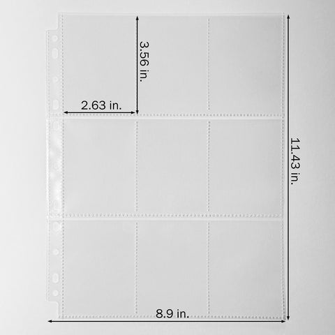 A clear 9-pocket sleeve protector for collectible trading cards with black dimension lines indicating the dimensions of each pocket: 2.63 × 3.56 in., and overall sleeve size: 8.9 × 11.43 in., shown flat against a light gray background.