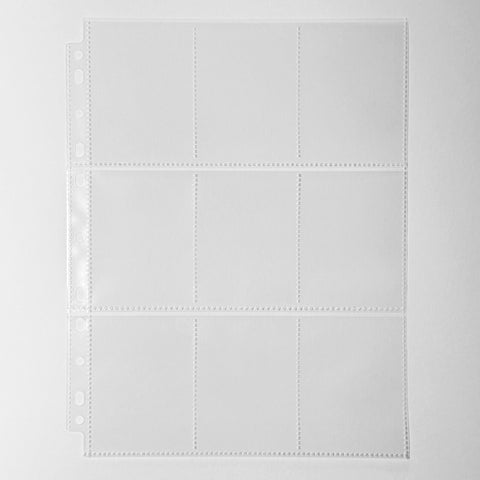 A clear plastic sleeve protector with three columns, three rows of nine blank rectangular sections for trading cards, and a side tab of multiple holes for binder storage, shown on a light gray background.