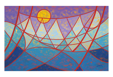 Abstract geometric painting of red-orange bridge-like linework with a golden yellow sun set against a purple sky and shades of blue ocean-like waves; signed 'Darin' in bottom-right, with a white border.