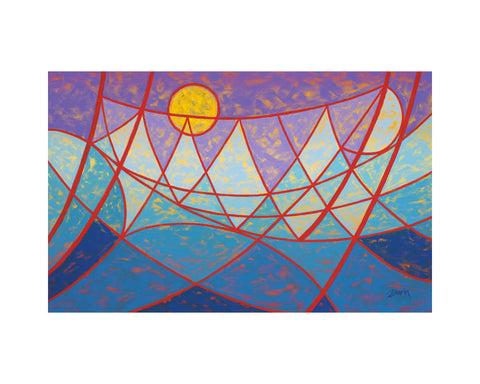Abstract geometric painting of red-orange bridge-like linework with a golden yellow sun set against a purple sky and shades of blue ocean-like waves; signed 'Darin' in bottom-right, with a white border.