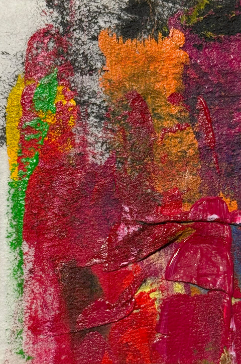 Abstract textured painting with layered brush and palette-knife strokes in bold red, magenta, green, yellow, orange, and black.