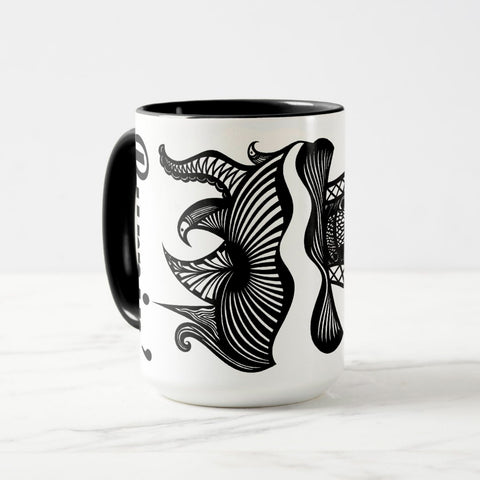 White ceramic coffee mug with a black handle and black interior, featuring a wrap‑around print of the artwork titled “Burnin’ Urchin.“