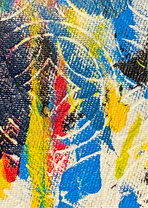 Abstract textured painting with layered brush and palette-knife strokes in cyan, magenta, yellow, and black on a textured white background.
