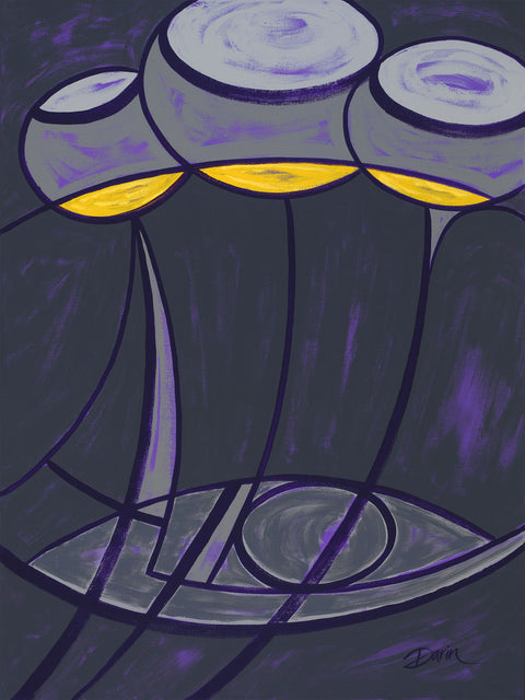 Abstract design painting of three overlapping wine glasses with gray and purple shapes and yellow wine, outlined with dark purple against a dark gray and purple background, signed 'Darin' in the lower-right.