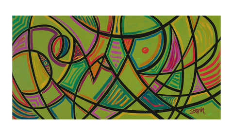 An abstract geometric painting featuring a vibrant olive-green background with intersecting black lines, curved and angular shapes filled with colorful segments in pink, red, orange, yellow, and teal; signed, 'Darin' in bottom-right.