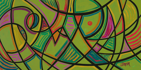 An abstract geometric design painting featuring a vibrant olive-green background with intersecting black lines, curved and angular shapes filled with colorful segments in pink, red, orange, yellow, and teal; signed, 'Darin' in bottom-right.