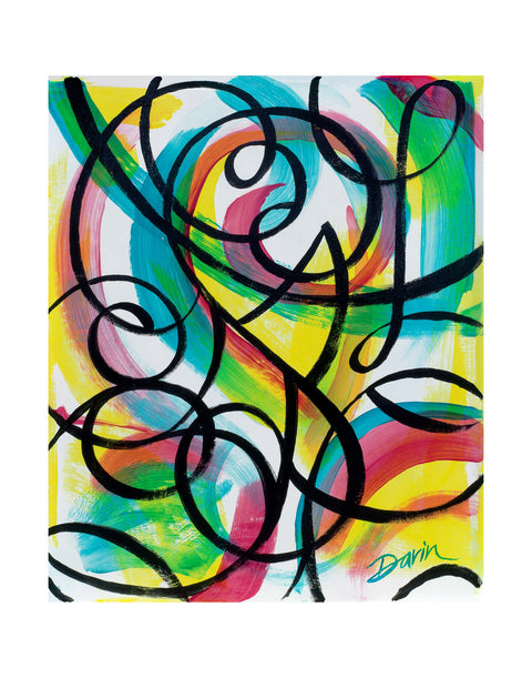 An abstract art print featuring vibrant, swirling brushstrokes of yellow, green, pink, blue, and teal, overlaid with bold, looping black lines on a white background; signed 'Darin' in the bottom-right corner, with a white border.