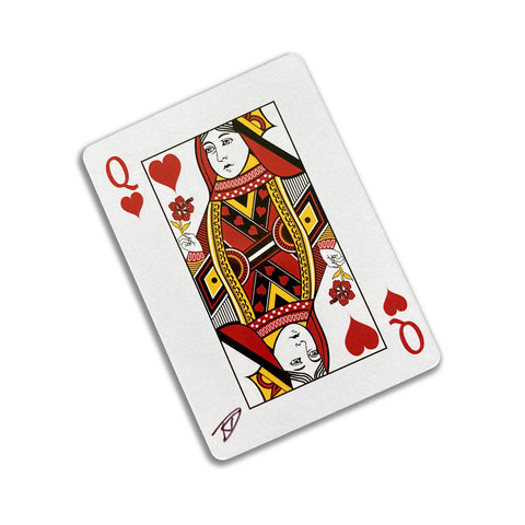 Back of the playing card showing the Queen of hearts with a hand‑signed signature ‘DJ’ in black ink.
