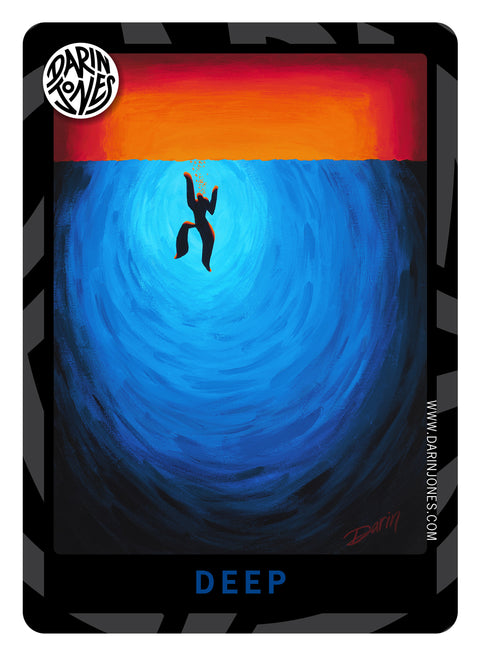 A painting of an abstract underwater-like scene with a blue-black silhouette figure floating in swirling blue water, beneath an orange-to-red band sunset, with the word 'DEEP' in blue at the bottom, a black and gray design border, the DARIN JONES logo in the upper left, and website on the right.
