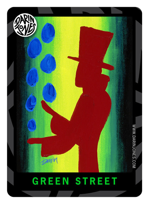 A painting of a stylized red silhouette of a person in a top hat facing left, juggling blue balls, set against a bright yellow-to-green background with the text 'GREEN STREET' at the bottom in green, a black and gray design border, the DARIN JONES logo in the upper left, and website on the right.