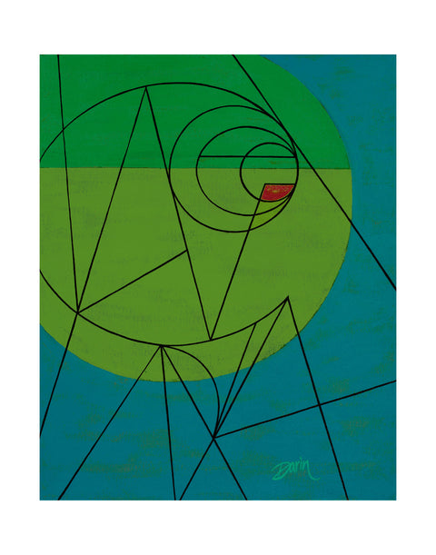 Abstract geometric painting featuring a design of ultra-thin black lines over a large, two-tone green circle-like shape and a teal background, with a small red shape near the center; signed 'Darin' in the lower-right, with a white border.