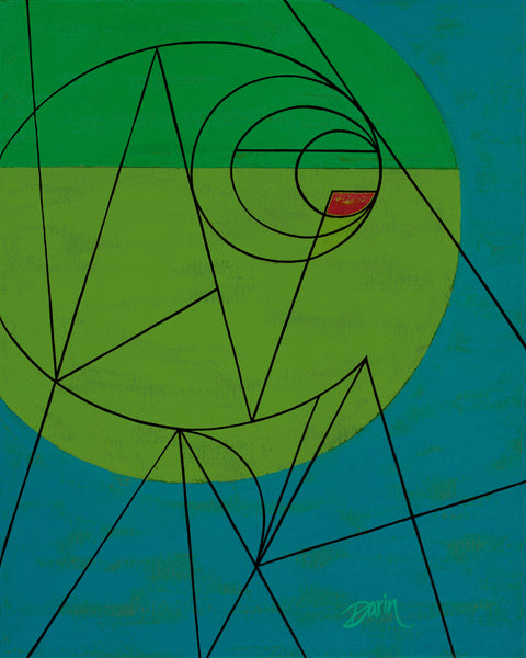 Abstract geometric painting featuring a design of ultra-thin black lines over a large, two-tone green circle-like shape and a teal background, with a small red shape near the center; signed 'Darin' in the lower-right.