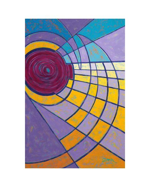 Abstract geometric painting with concentric spiral and grid patterns in purple, yellow, teal, orange, and magenta, with visible textured paint and dark purple outlines; signed 'Darin' in bottom-right, with a white border.