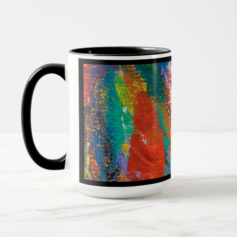 White ceramic coffee mug with a black handle and black interior, featuring a wrap‑around print of the artwork titled “Creative Palette.“