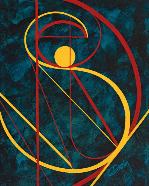 Abstract geometric painting featuring bold yellow and red curved lines and a yellow circle on a dark teal textured background, signed 'Darin' in the lower right.