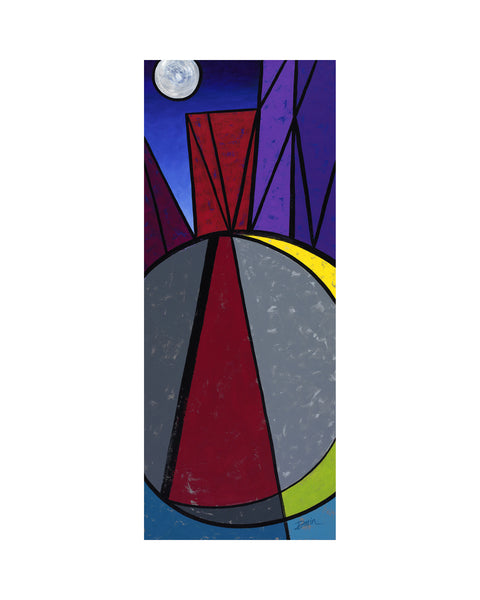 Abstract geometric painted design featuring a stylized moon, blue sky, red and purple angular forms, a large gray circle with a red carpet-like stripe, and yellow and green crescent accents; signed 'Darin' in bottom-right, with white border.