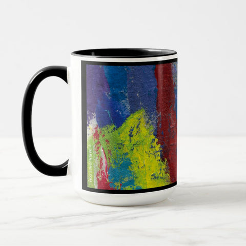 White ceramic coffee mug with a black handle and black interior, featuring a wrap‑around print of the artwork titled “Downtown Palette.“