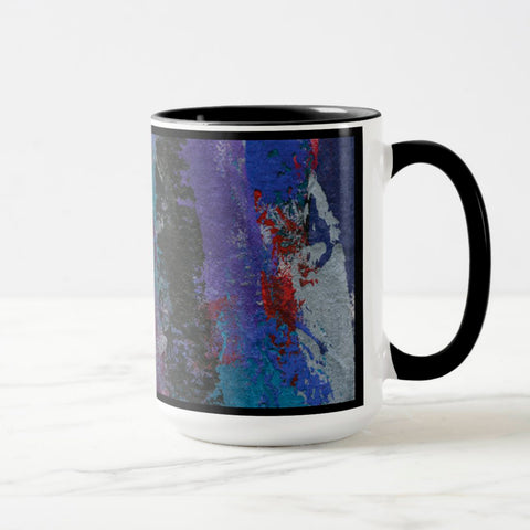 White ceramic coffee mug with a black handle and black interior, featuring a wrap‑around print of the artwork titled “Downtown Palette.“