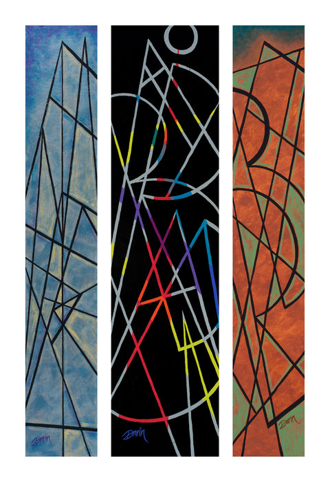 Three vertical abstract art panels of geometric line designs: blue and yellow with black lines on the left, black with multicolored lines in the center, and copper and green with black lines on the right; each signed at the bottoms, with a white border.