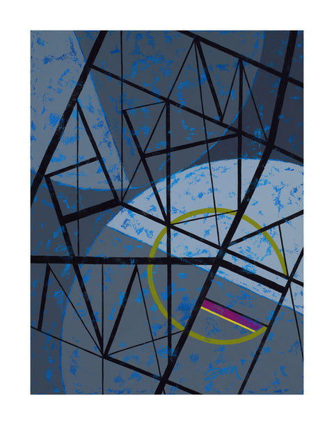 Abstract geometric painting featuring a complex network of black intersecting lines over textured slate blue and gray background, with an olive-green semi-circle and a small magenta and yellow stripe; signed 'Darin' in lower-right, with a white border.