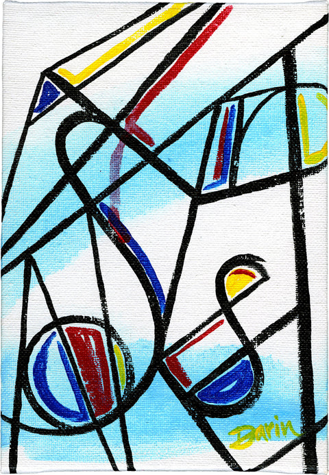Abstract geometric painting with intersecting black lines with blue, red, yellow accents over a light blue watercolor-like wash on a white background; signed 'Darin' in yellow at the bottom-right.