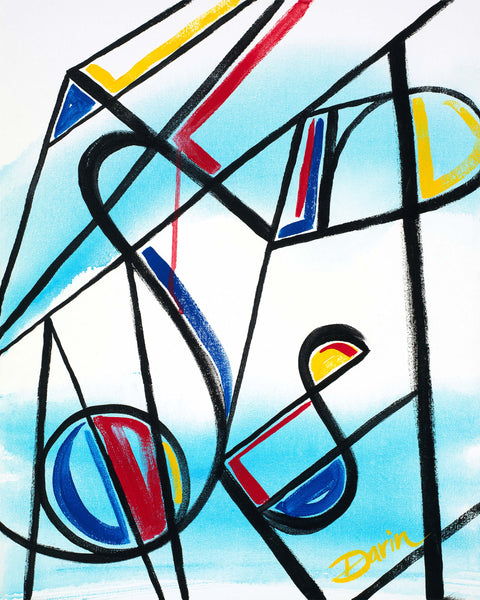 Abstract geometric painting with intersecting black lines with blue, red, yellow accents over a light blue watercolor-like wash on a white background; signed 'Darin' in yellow at the bottom-right, with a white border.