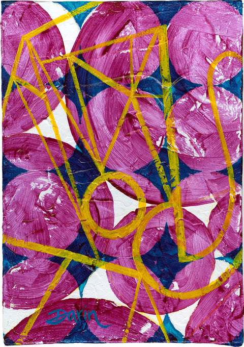 Abstract geometric painting featuring textured magenta-pink circles over a background of larger blue circles and white accents, overlaid with bold yellow lines and geometric shapes, signed 'Darin' in lower-left.