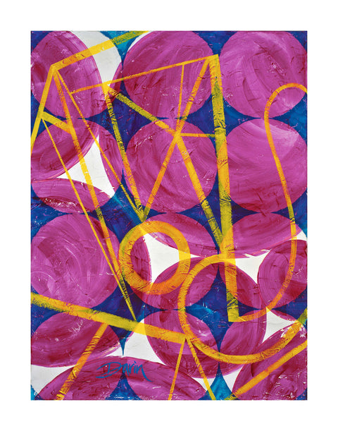 Abstract geometric painting featuring textured magenta-pink circles over a background of larger blue circles and white accents, overlaid with bold yellow lines and geometric shapes, signed 'Darin' in lower-left, with white border.