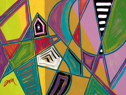 An abstract geometric painting featuring a vibrant mix of yellow, green, purple, pink, teal, red, and black shapes outlined in bold blue lines, with a visible 'Darin' signature in the lower left.