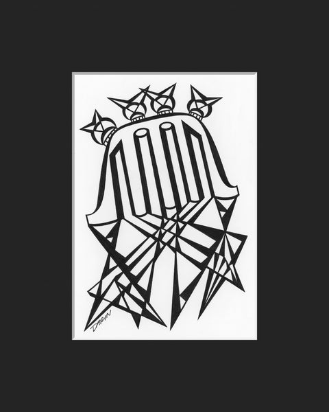 Black and white abstract pen‑and‑ink drawing with optical‑illusion shapes; matted in black.