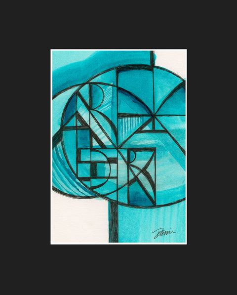 An abstract geometric mixed-media painting featuring teal, turquoise, and black ink lines on a white background, matted in black.