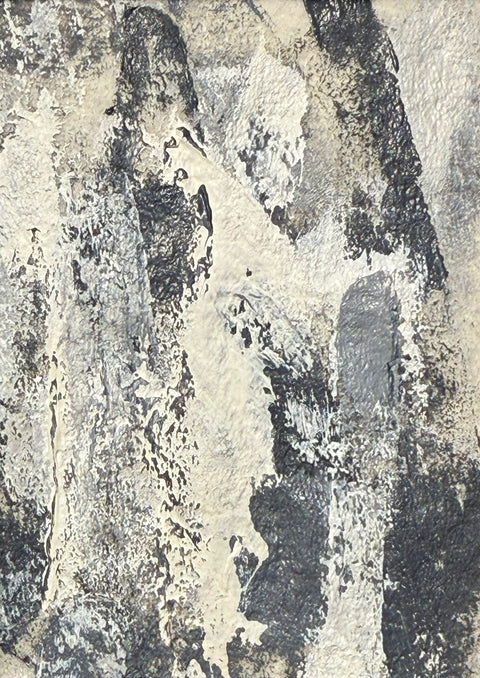 Abstract textured painting with layered brush and palette-knife strokes in shades of gray and white on a white background.