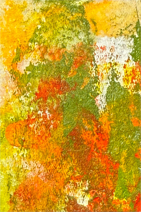 Abstract textured painting with layered brush and palette-knife strokes in orange, yellow, and green.