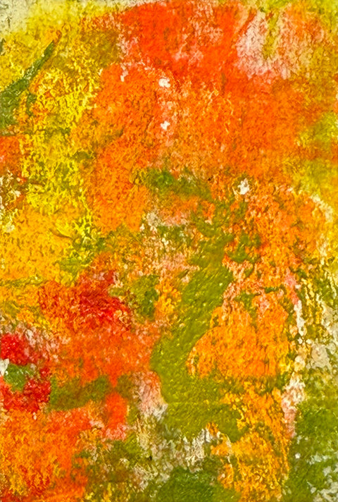 Abstract textured painting with layered brush and palette-knife strokes in orange, yellow, and green.