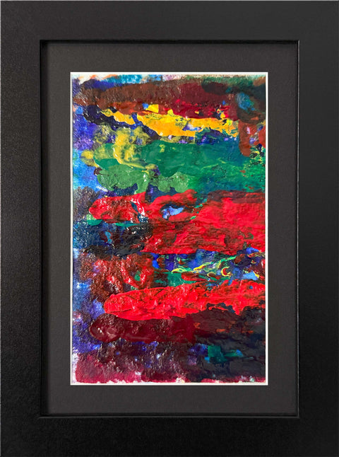 Abstract textured painting with layered brush and palette-knife strokes in red, green, blue, purple, yellow, and brown; matted and framed in black.