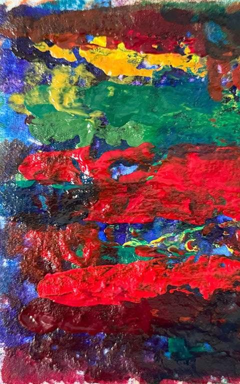 Abstract textured painting with layered brush and palette-knife strokes in red, green, blue, purple, yellow, and brown.