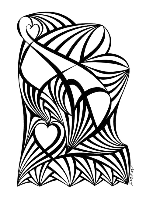 Black and white abstract pen‑and‑ink drawing with optical‑illusion shapes, featuring hearts.