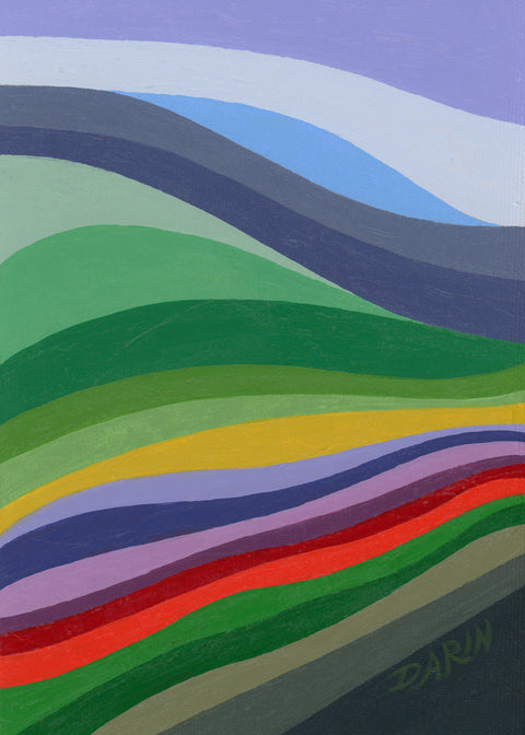Abstract landscape painting with layered, wavy horizontal bands in purples, blue, greens, yellow, red, orange, brown and gray tones, signed 'DARIN' in the lower right.