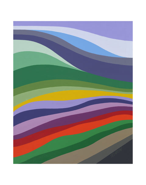 Abstract landscape painting with layered, wavy horizontal bands in purples, blue, greens, yellow, red, orange, brown and gray tones, signed 'DARIN' in the lower right; shown with a white border.