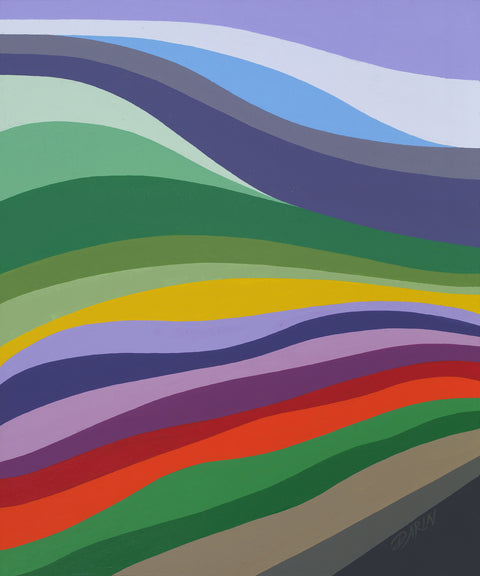 Abstract landscape painting with layered, wavy horizontal bands in purples, blue, greens, yellow, red, orange, brown and gray tones, signed 'DARIN' in the lower right.