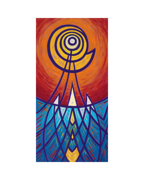 A vibrant abstract painting design of purple lines, featuring a spiral sun motif in white, yellow and orange against an orange-red sky, with blue geometric water-like patterns below, signed 'Darin' in bottom-left, with a white border.