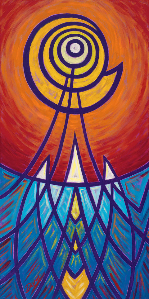 A vibrant abstract painting design of purple lines, featuring a spiral sun motif in white, yellow and orange against an orange-red sky, with blue geometric water-like patterns below, signed 'Darin' in bottom-left.