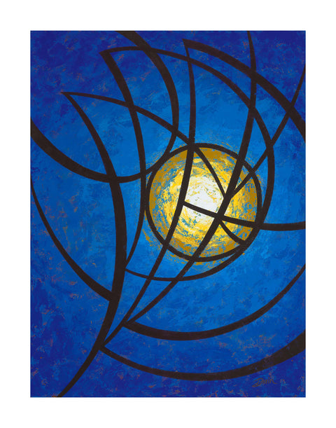 Abstract geometric painting featuring intersecting dark brown curved lines over a textured blue background with a central glowing white yellow orb with a white core; signed 'Darin' in the bottom-right, with a white border.