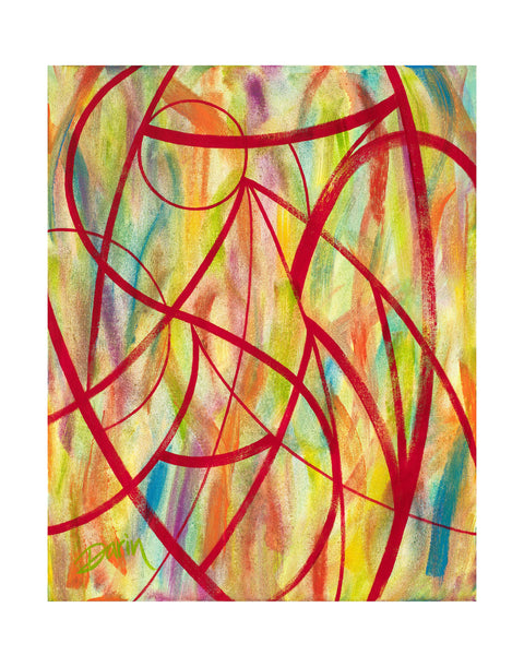 An abstract painting featuring bold, sweeping red lines overlaid on a textured background of yellow, green, orange, purple, and blue brushstrokes, signed 'Darin' in green in the bottom-left corner, with a white border.