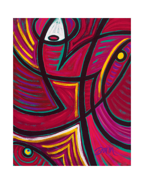 Abstract colorful painting with bold black curvilinear linework forming geometric shapes in red, pink, purple, yellow, teal, and white, signed 'Darin' in the lower right corner, with a white border.