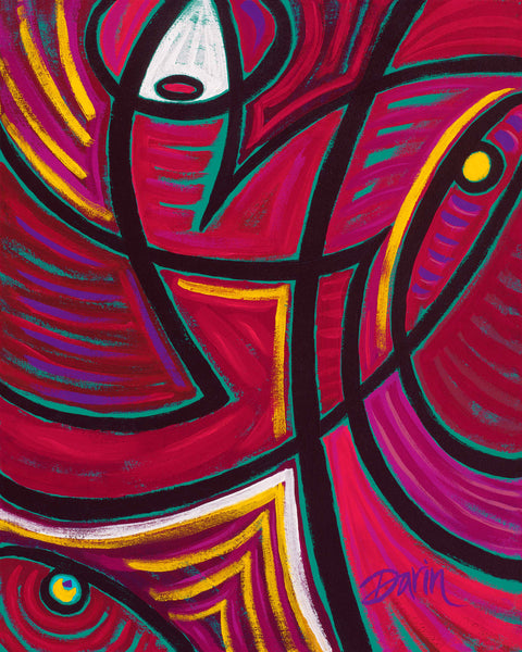 Abstract colorful painting with bold black curvilinear linework forming geometric shapes in red, pink, purple, yellow, teal, and white, signed 'Darin' in the lower right corner.