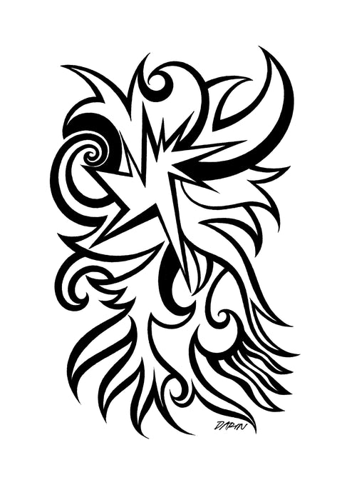 Black and white abstract pen‑and‑ink drawing with optical‑illusion shapes, featuring a comic book-like explosion shape.