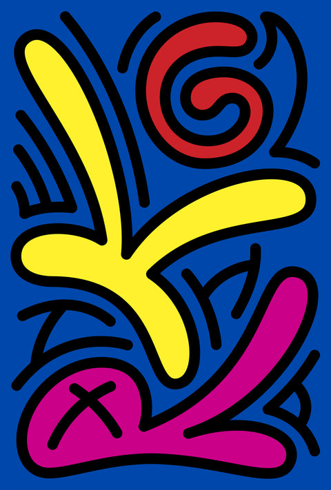 Abstract pop art print featuring bold, cartoon-like organic shapes in yellow, magenta, and red outlined in black on a bright blue background, of the artwork: Keith Haring.