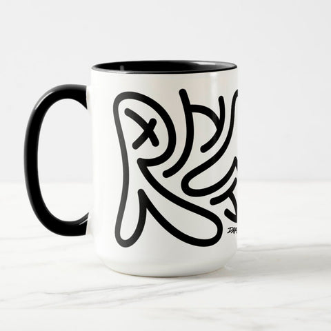 White ceramic coffee mug with a black handle and black interior, featuring a wrap‑around print of the Obscuratype™ artwork titled ‘Keith Haring.’