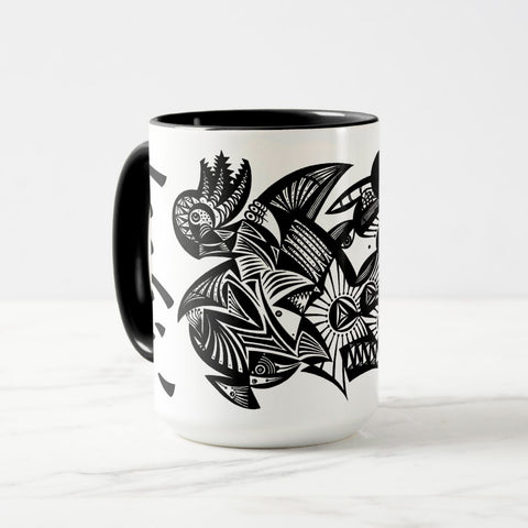 White ceramic coffee mug with a black handle and black interior, featuring a wrap‑around print of the artwork titled “Lookin’ Shark.“